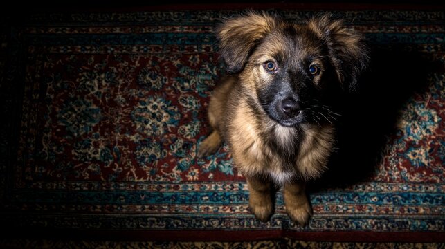 Fluffy tricolor puppy sitting on rug, pet adoption concept.
