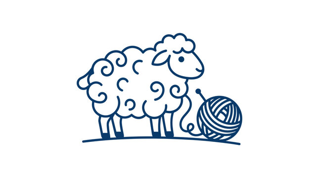 Sheep standing next to a ball of wool yarn for knitting