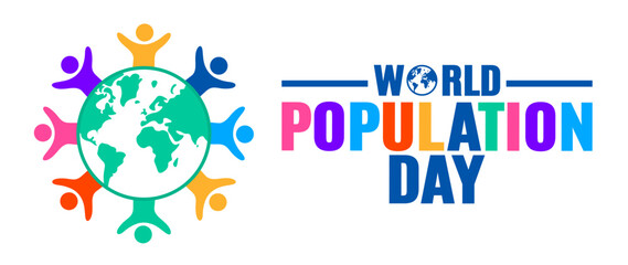 Fototapeta premium World Population Day banner vector template with colorful abstract people silhouettes holding hands around a green planet earth globe icon and bold creative typography on white background