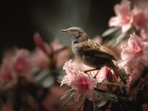 A beautiful and detailed close-up shot of a small brown dunnock bird perched gracefully on a blooming branch of soft pink rhododendron flowers, creating a serene