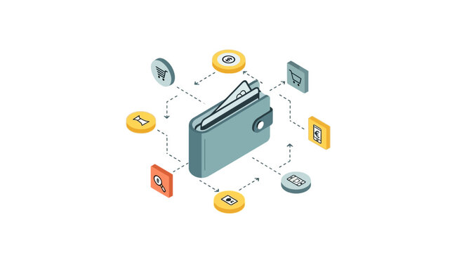 An isometric illustration of a digital wallet with various financial transaction icons
