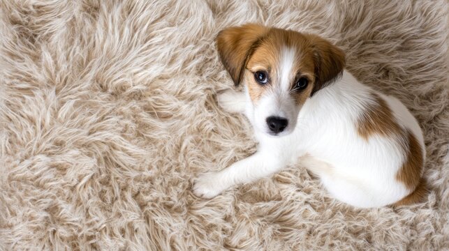 Fluffy tricolor puppy sitting on rug, pet adoption concept.
