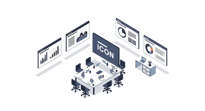 An isometric view of a modern corporate meeting room with digital data displays