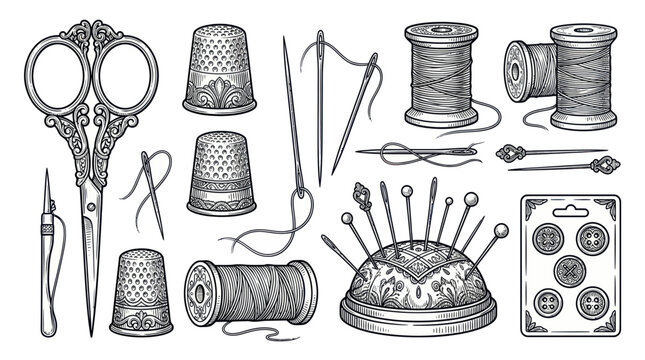 Vintage sewing tools collection with scissors thimble and thread