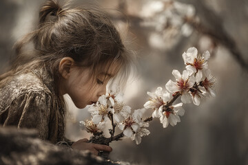 Naklejka premium A gentle, candid moment capturing a young girl with her hair tied up, leaning forward with serene curiosity to closely admire and softly smell a branch of delicate, blooming white flowers