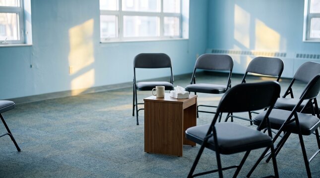 Empty chairs arranged in circle around small wooden table with coffee cup and tissues in quiet therapy room