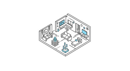 An isometric illustration of a modern smart home interior with connected devices © Seniman