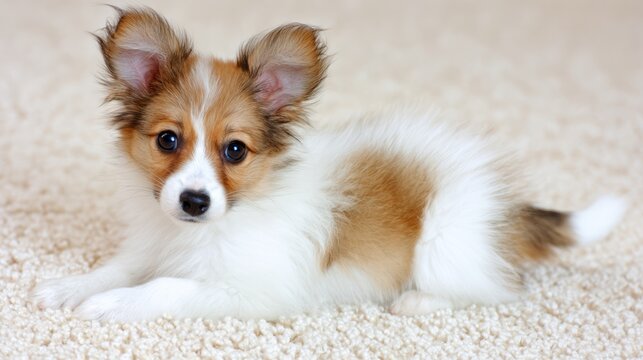 Fluffy tricolor puppy sitting on rug, pet adoption concept.
