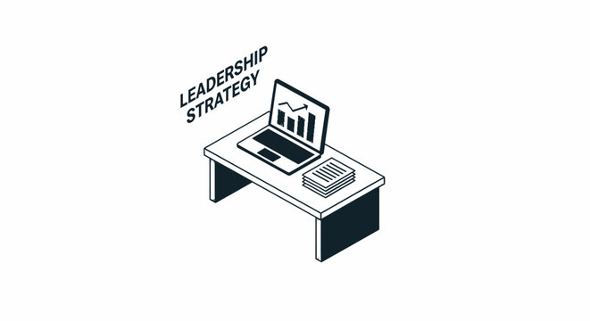 An isometric illustration of a desk with a laptop showing business growth charts