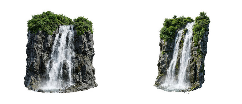 Set of vertical waterfalls cascading over rocky cliff faces isolated on transparent background