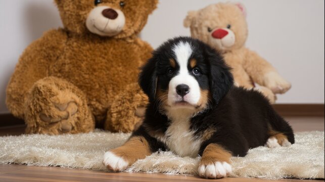 Fluffy tricolor puppy sitting on rug, pet adoption concept.
