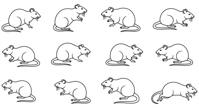 Line art illustrations of rats in various poses on a white background