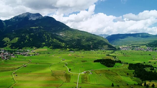 Aerial View of Ehrwald Village Beneath Zugspitze Peak in Tyrol Austria