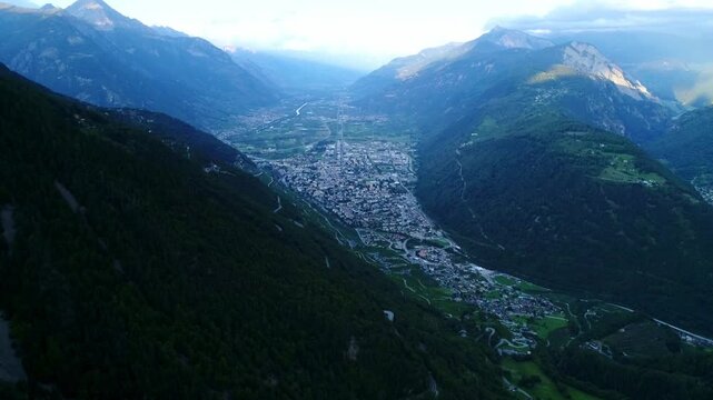 Aerial View of Martigny in Rhone Valley Surrounded by Swiss Alps Peaks