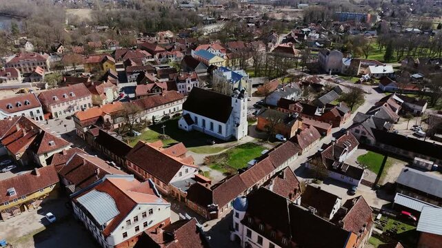 Aerial Spring View of Holy Trinity Church and Old Town Kuldiga Latvia