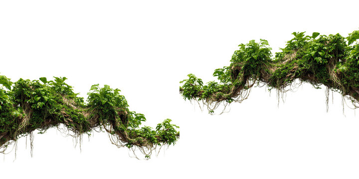 Tropical jungle liana vine with green leaves and hanging roots isolated on white and transparent background for nature composition.