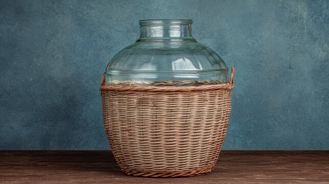 Glass carboy in wicker basket, traditional home beverage vessel.
