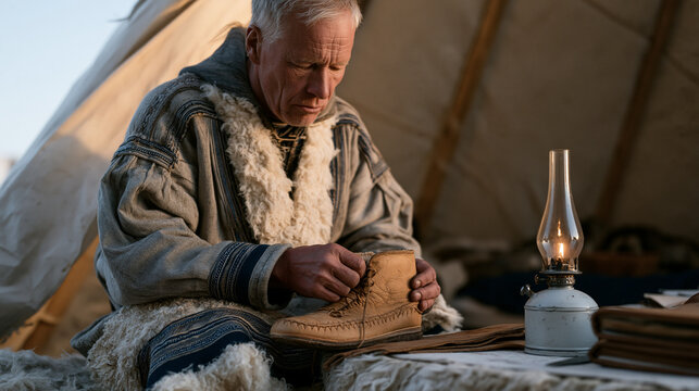 Sami reindeer herder repairing traditional leather boot by kerosene lamp inside a lavvu tent during summer midnight sun, human resilience, Arctic lifestyle, indigenous