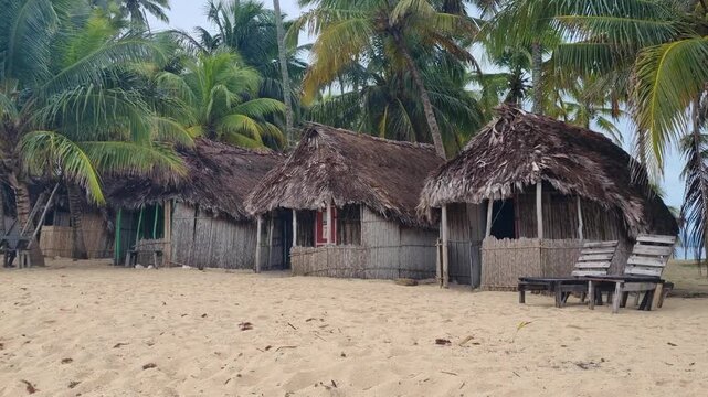 Empty beach huts on Iguana Island in the San Blas Archipelago, Panama, set beneath coconut palms on sandy ground, capturing a quiet off-season tropical atmosphere with basic tourist accommodation
