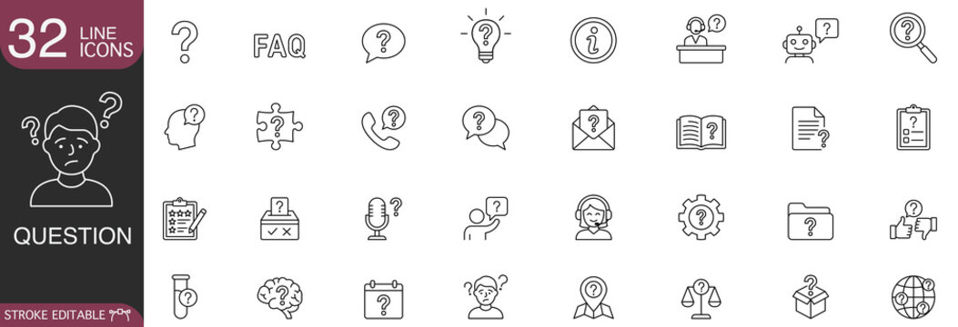 Question and FAQ line icon vector set featuring customer support, help desk, and problem-solving symbols with editable stroke