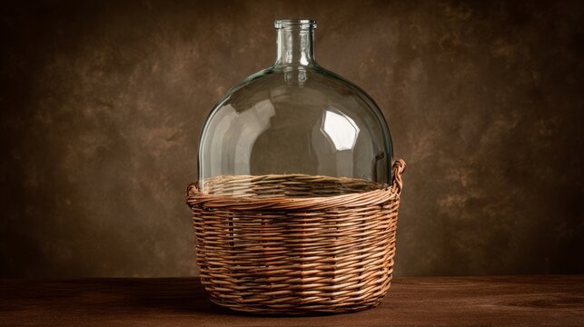 Glass carboy in wicker basket, traditional home beverage vessel.
