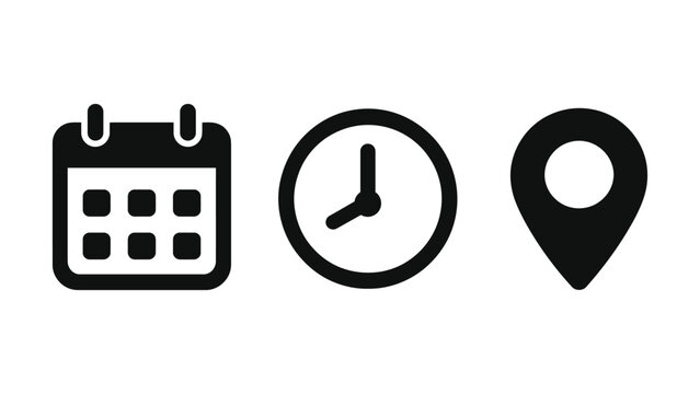 Calendar Clock and Location Pin Icons Vector Set for Events and Business
