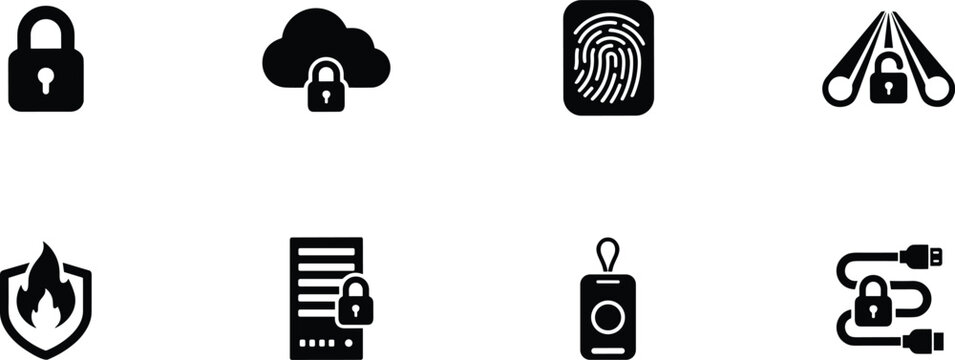 Cybersecurity, data protection, and network security black flat vector icon set for IT technology designs