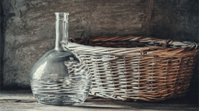 Glass carboy in wicker basket, traditional home beverage vessel.

