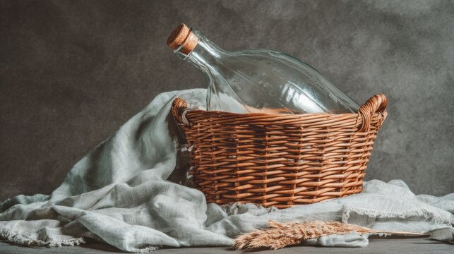 Glass carboy in wicker basket, traditional home beverage vessel.
