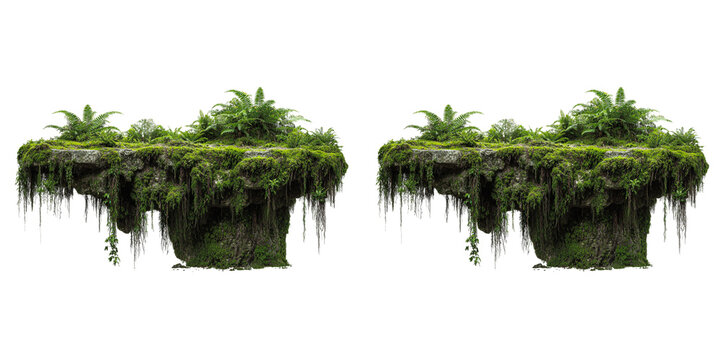 Moss covered rocky outcrop, hanging vines and ferns, ancient natural structure, overgrown with lush vegetation, fantasy element, detailed organic texture.