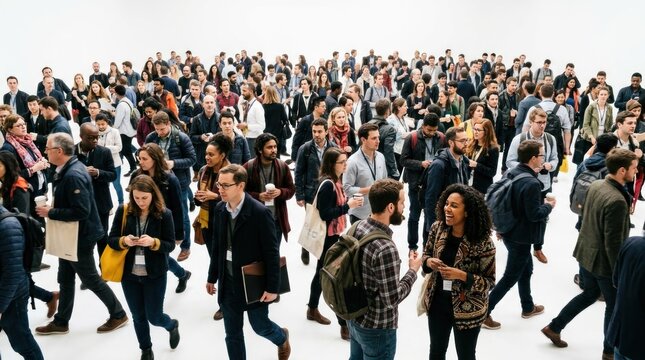 A large group of people walk together in a crowded event space with diverse individuals