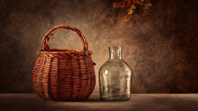 Glass carboy in wicker basket, traditional home beverage vessel.
