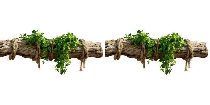 Aged timber log wrapped in thick hemp ropes with lush green creeping plants isolated for natural landscaping design project.