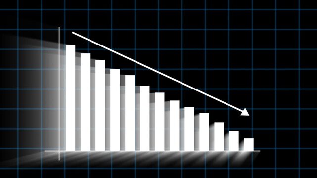 Animated digital white bar chart showing a decreasing trend in business performance for financial loss and analysis visuals. Bar chart animation with decreasing trend perfect for financial downturn.