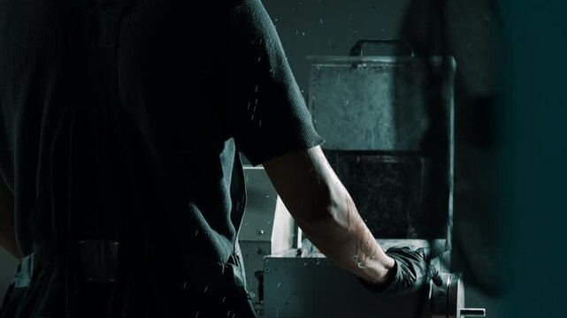 Machinist Operating Industrial Machine in Dark Workshop