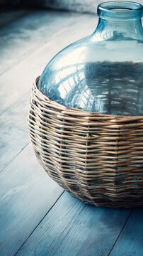 Glass carboy in wicker basket, traditional home beverage vessel.
