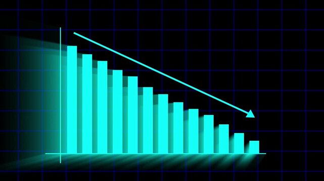 Animated digital cyan bar chart showing a decreasing trend in business performance for financial loss and analysis visuals. Bar chart animation with decreasing trend perfect for financial downturn.