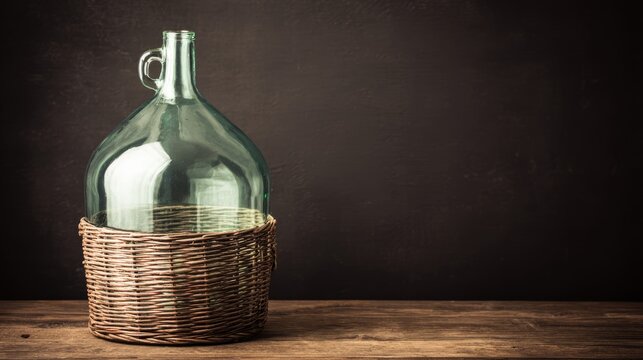 Glass carboy in wicker basket, traditional home beverage vessel.
