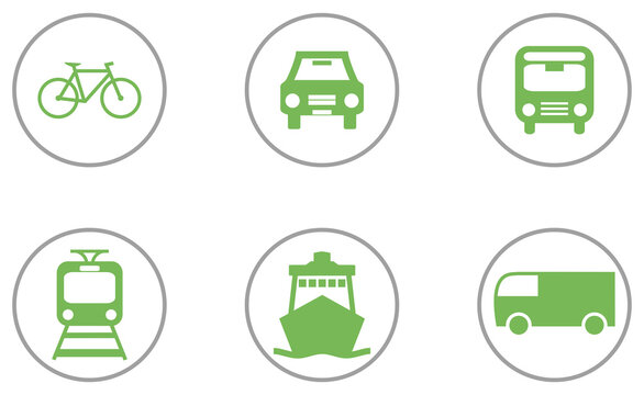 6 Verkehrsmittel Icons gr&uuml;n grau