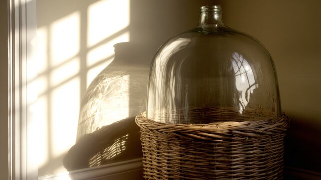 Glass carboy in wicker basket, traditional home beverage vessel.
