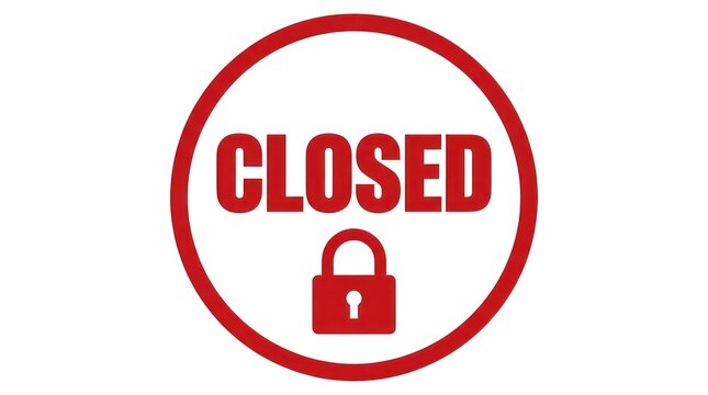 A red sign with a padlock and the word 'CLOSED' indicates business closure.