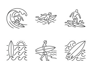 Obraz premium Surfers ride waves with boards on sunny beach in ocean water sports scene