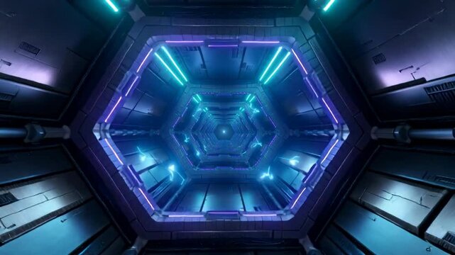 Flying through a futuristic hexagonal tunnel with blue and purple neon lights