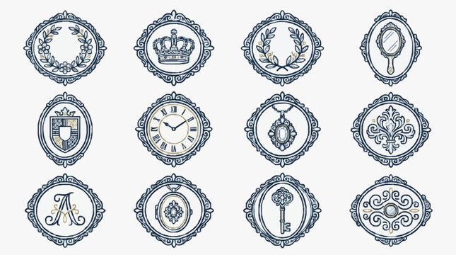 Creative Elegant Monogram and Symbol Emblem Designs in Intricate Gold and Black Line Art Frames for Branding Jewelry or Stationery