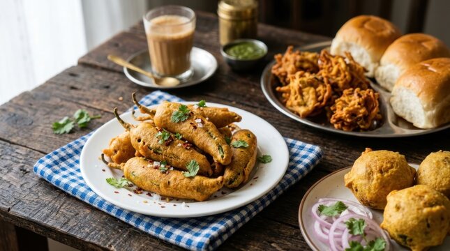 Delicious Indian Street Food Platter Featuring Spicy Mirchi Bajji, Chili Fritters, Vada Pav, Onion Pakora, and Masala Chai on a Rustic Wooden Table
