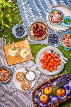 Delicious summer picnic spread with fresh fruits and baked treats on green grass