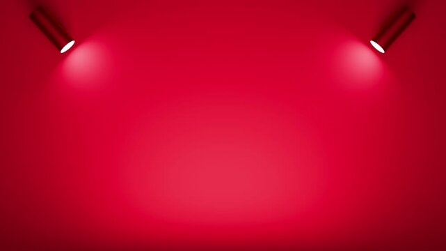 4K looped animation of 3D render red background with two spotlights from top corners, minimalistic abstract video element for stage, advertising, and digital projects. Spotlight on red background