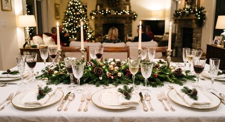 Fototapeta premium Formal christmas dinner table decorated with candles and greenery. Festive holiday dining room setup with blurred people by a fireplace. Elegant seasonal home gathering celebration.