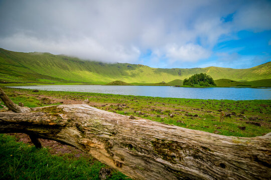 View at the caldeira of Corvo Island, Azores, the remnants of the last Plinian eruption on the island