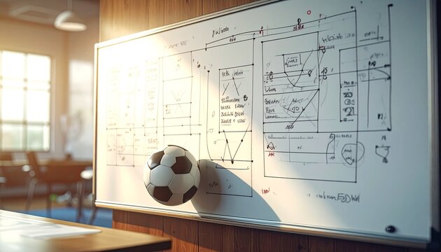 Soccer ball resting against a white board with handwritten tactical sketches and game plan diagrams in a bright office